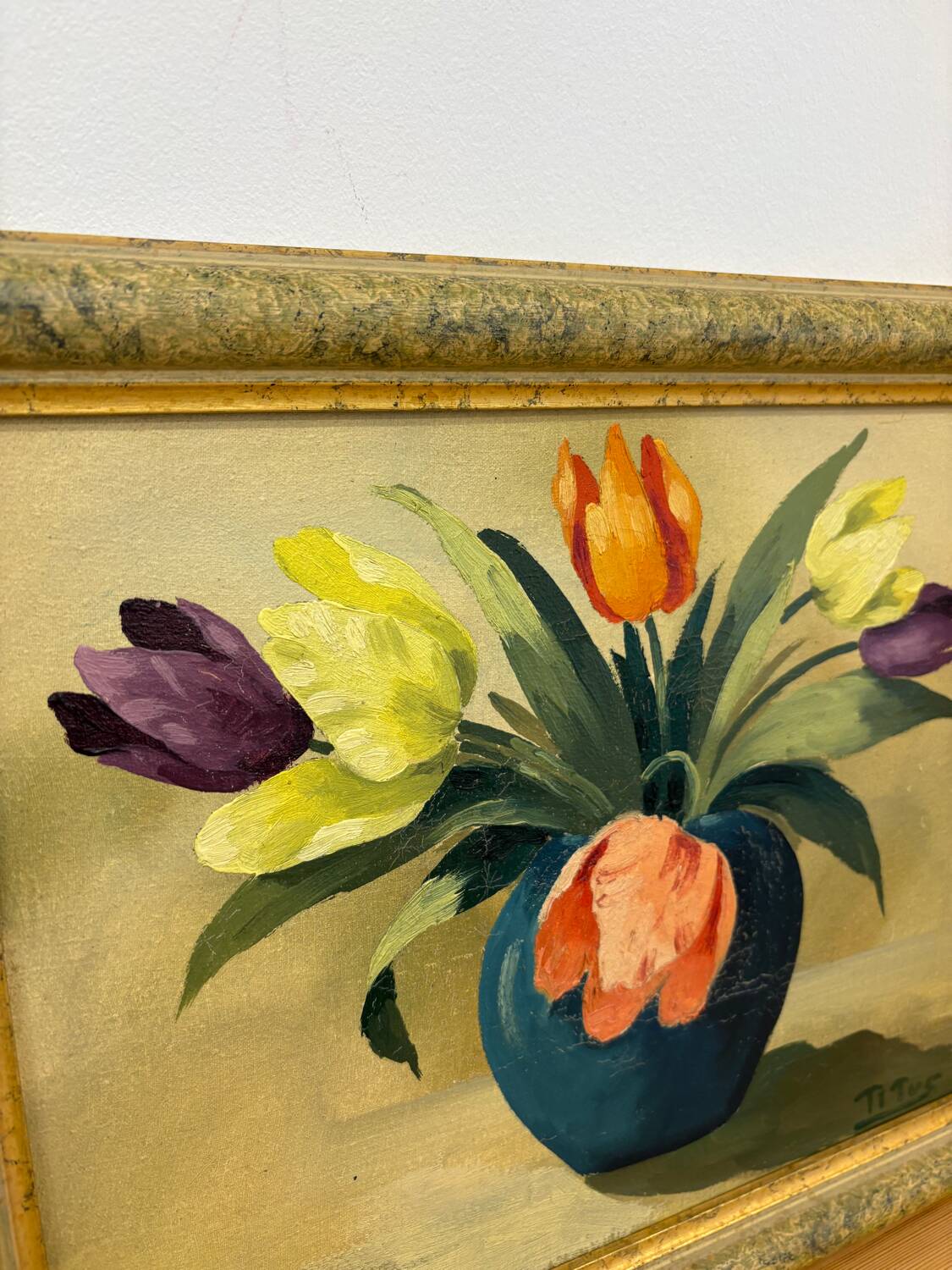Oil painting of tulips signed Titus.