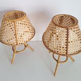 Pair of cane and bamboo lamps