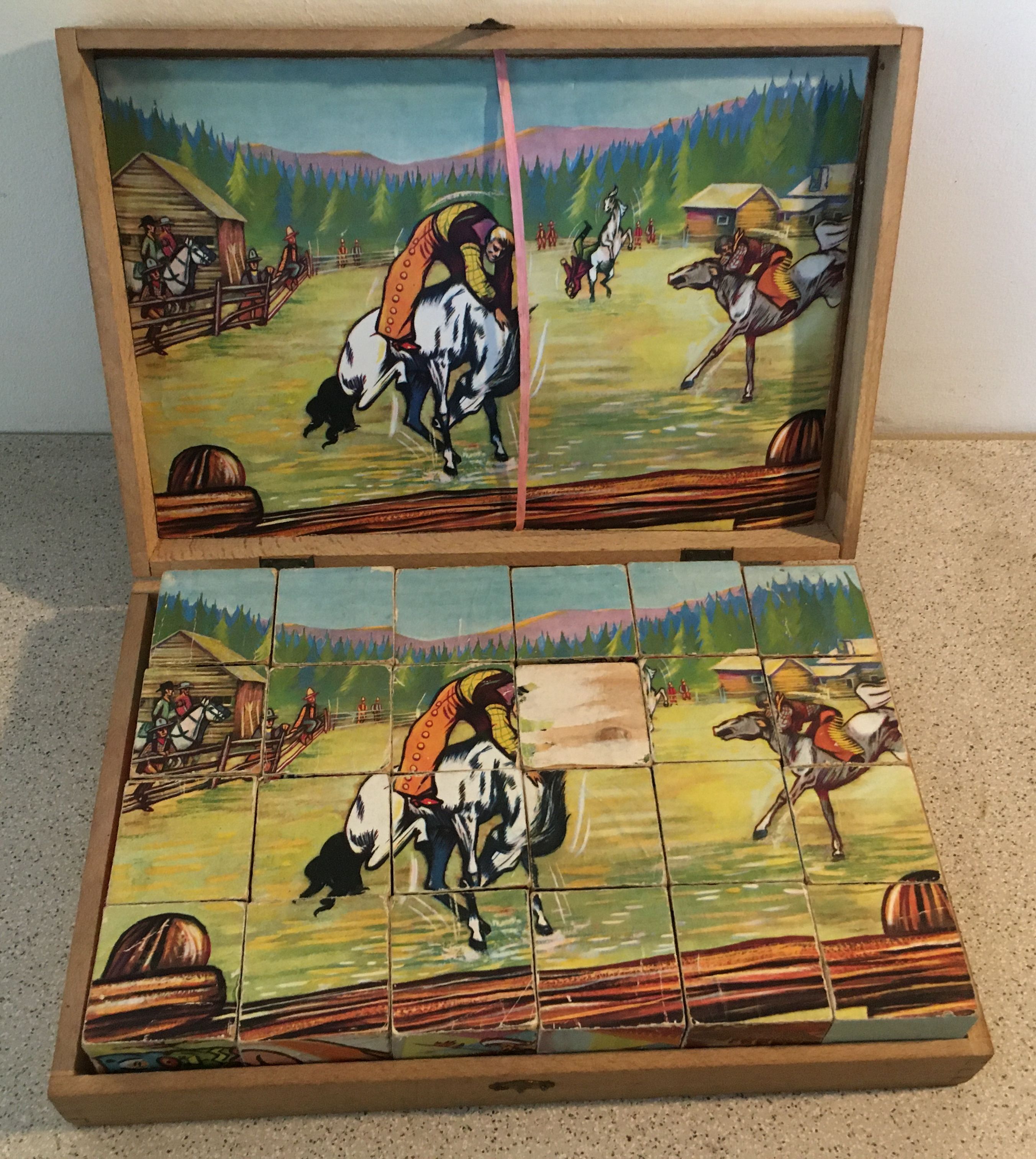 Old game of 24 wooden puzzle cubes from the 1950s