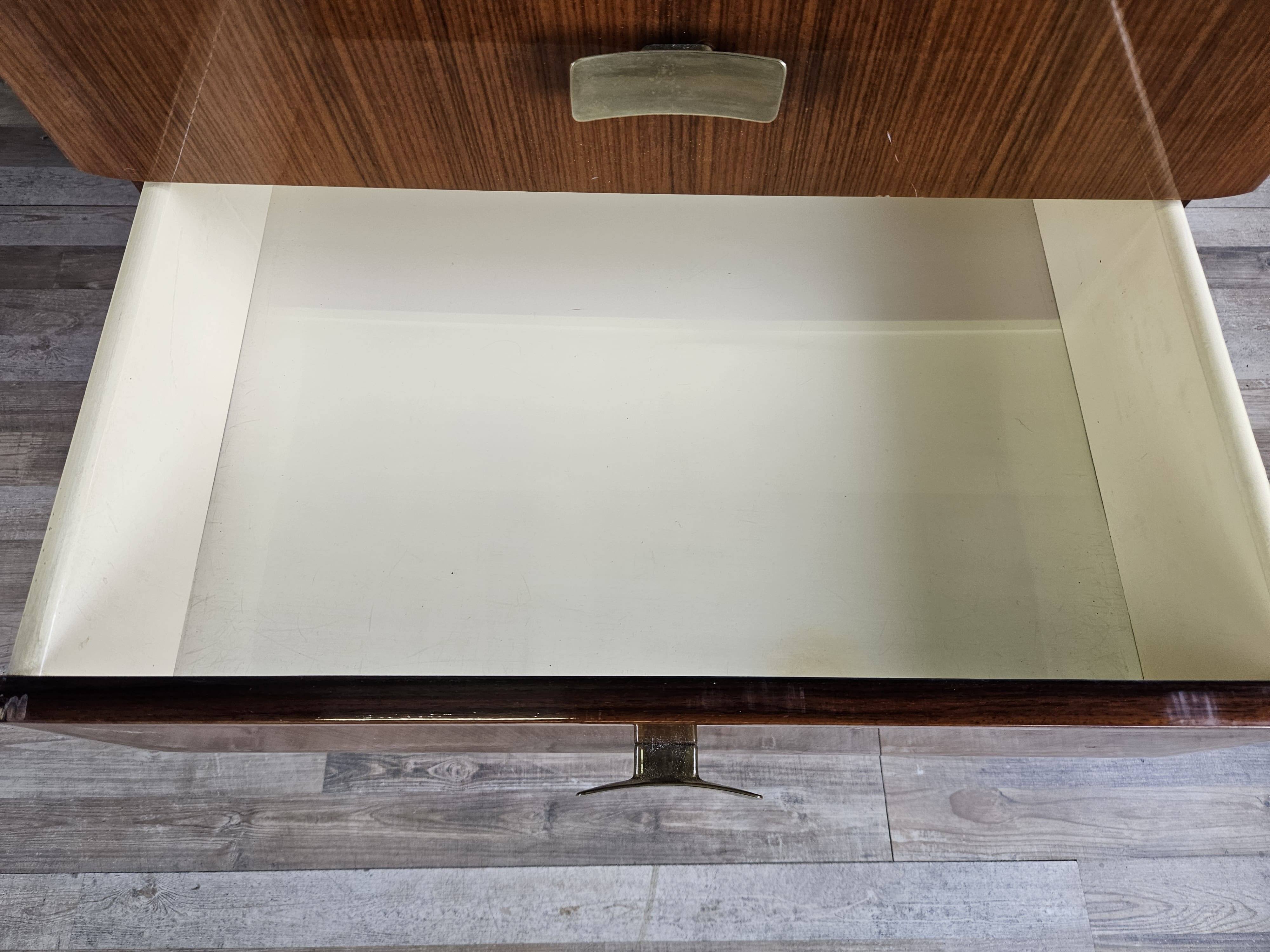 Mid Century Chest of Drawers in Mahogany, Brass and Glass