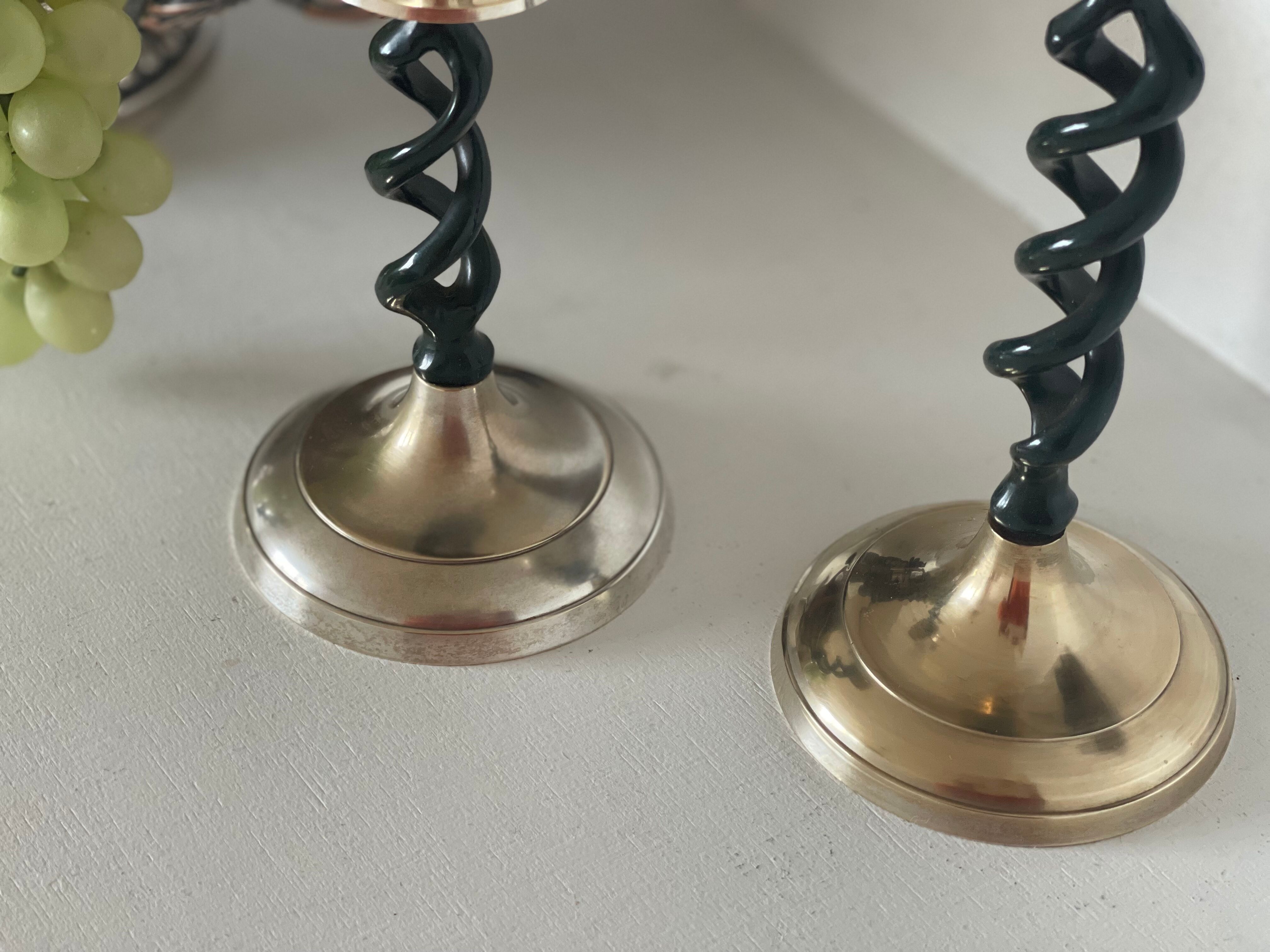 2 candle holders in brass and ceramic 1950