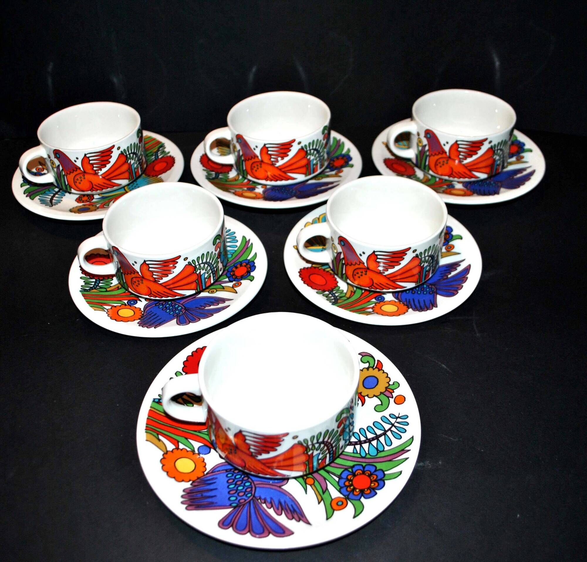 Lot 6 colorful bird cups acapulco by villeroy-boch vintage 1960-1970