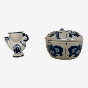 Egg box and bowl in blue and white porcella
