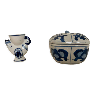 Boîte à œufs et bol en porcelle bleue et blanche