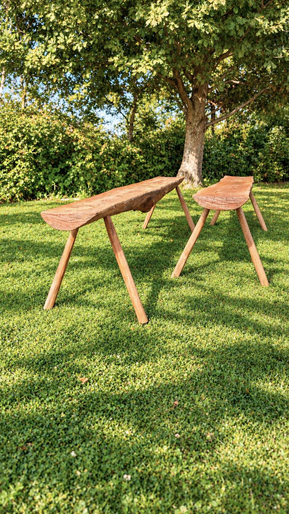 Pair of antique farmhouse benches in solid wood – brutalist style – 180 cm
