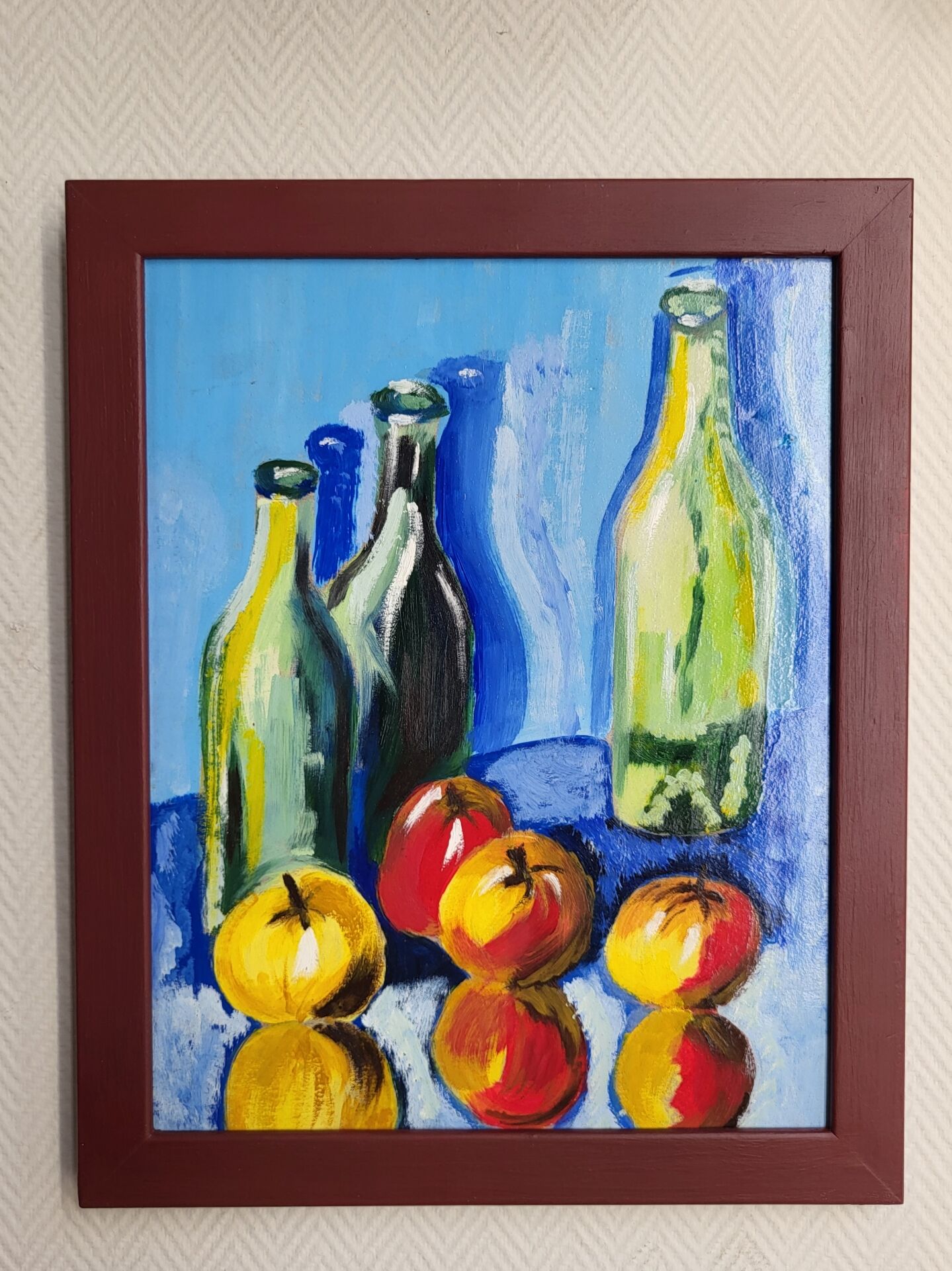 Peinture nature morte vintage encadrée - Bouteilles & Pommes