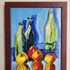Peinture nature morte vintage encadrée - Bouteilles & Pommes