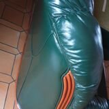 Sofa 3 seater green leather & wood