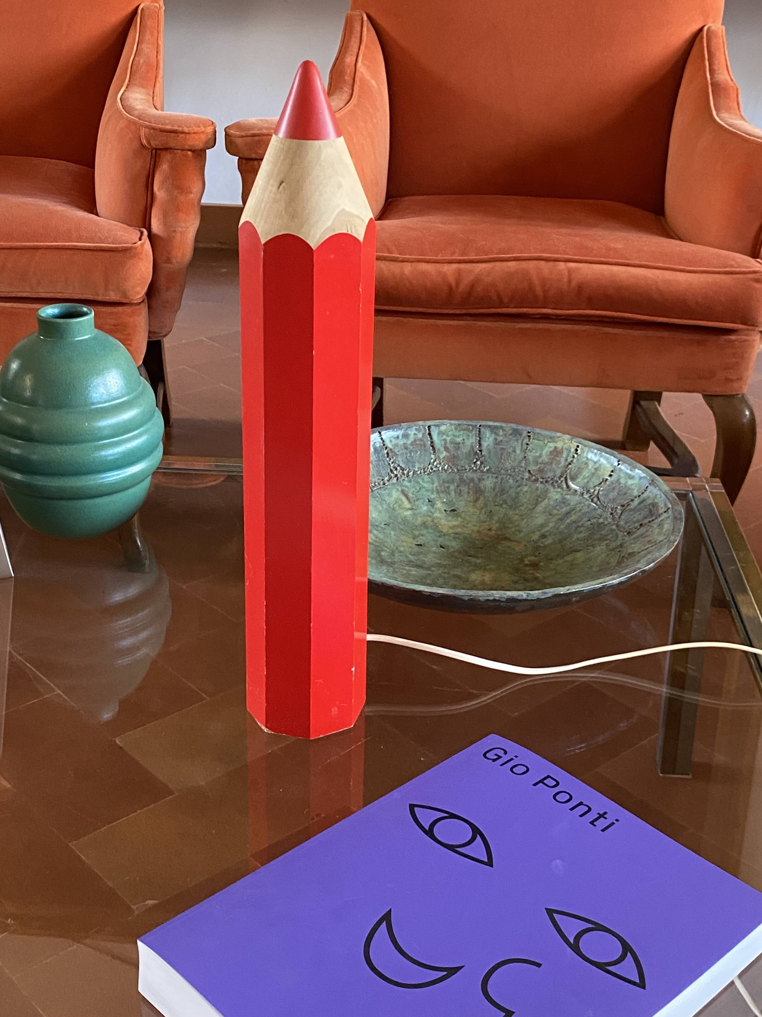 Pierre Sala, postmodern red Pencil table lamp, Ed. Vilac France 1980s