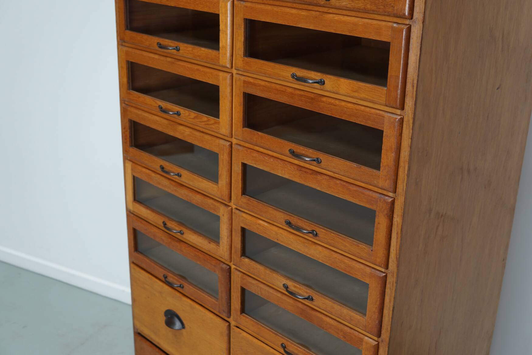 English Haberdashery Shop Cabinet with Glass Fronted Drawers, Circa 1930s