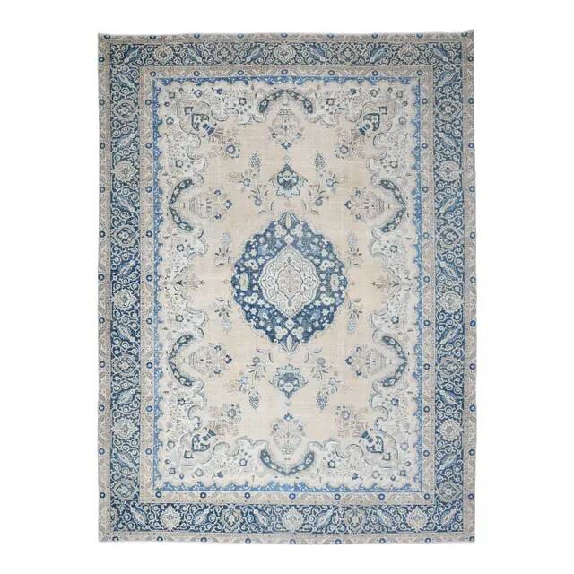 1970s Vintage Persian Handmade Wool Cotton Beige Area Rug 294x398