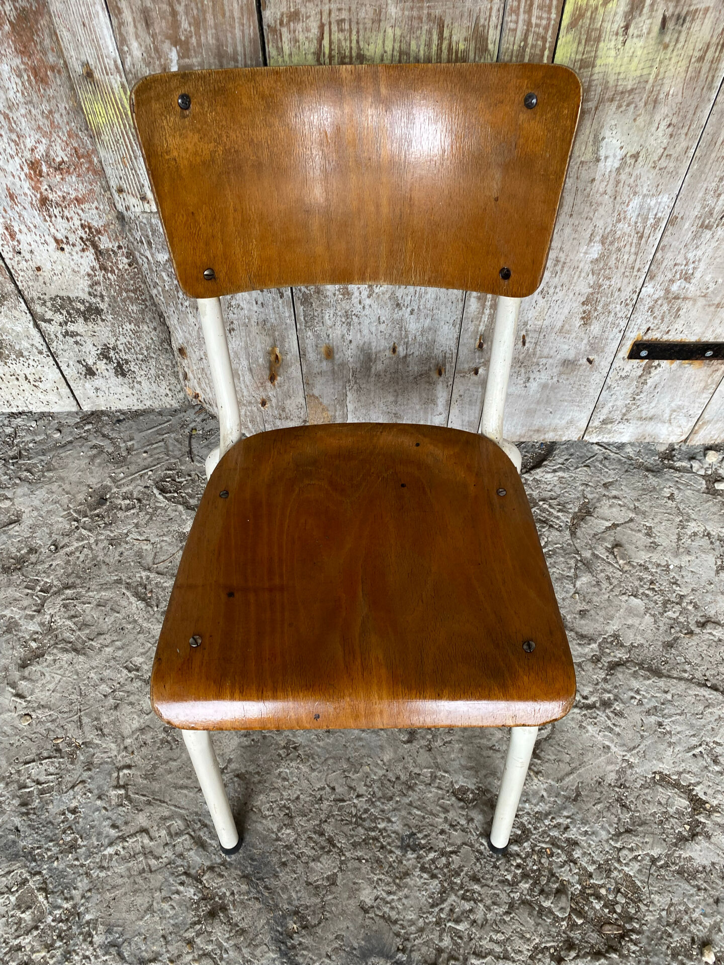 Chaise ecolier ancienne colmon tube metal blanc + bois vintage