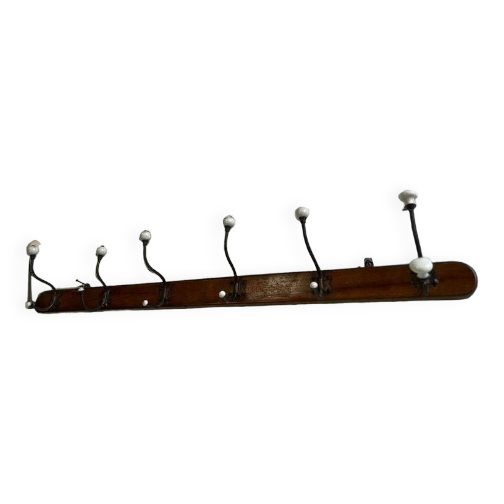 Vintage industrial wooden coat rack with porcelain hooks