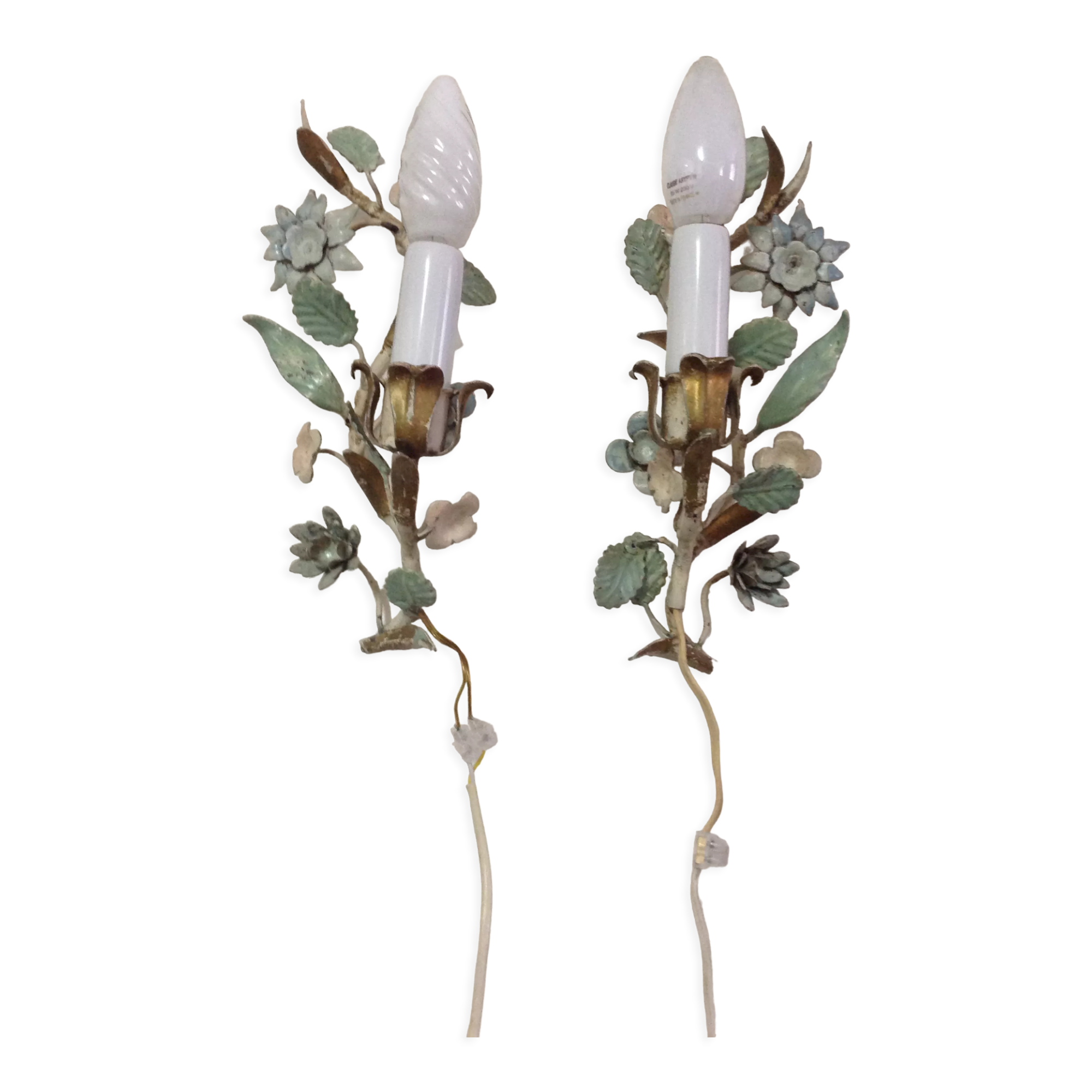 Painted metal flower sconces, vintage, 50s