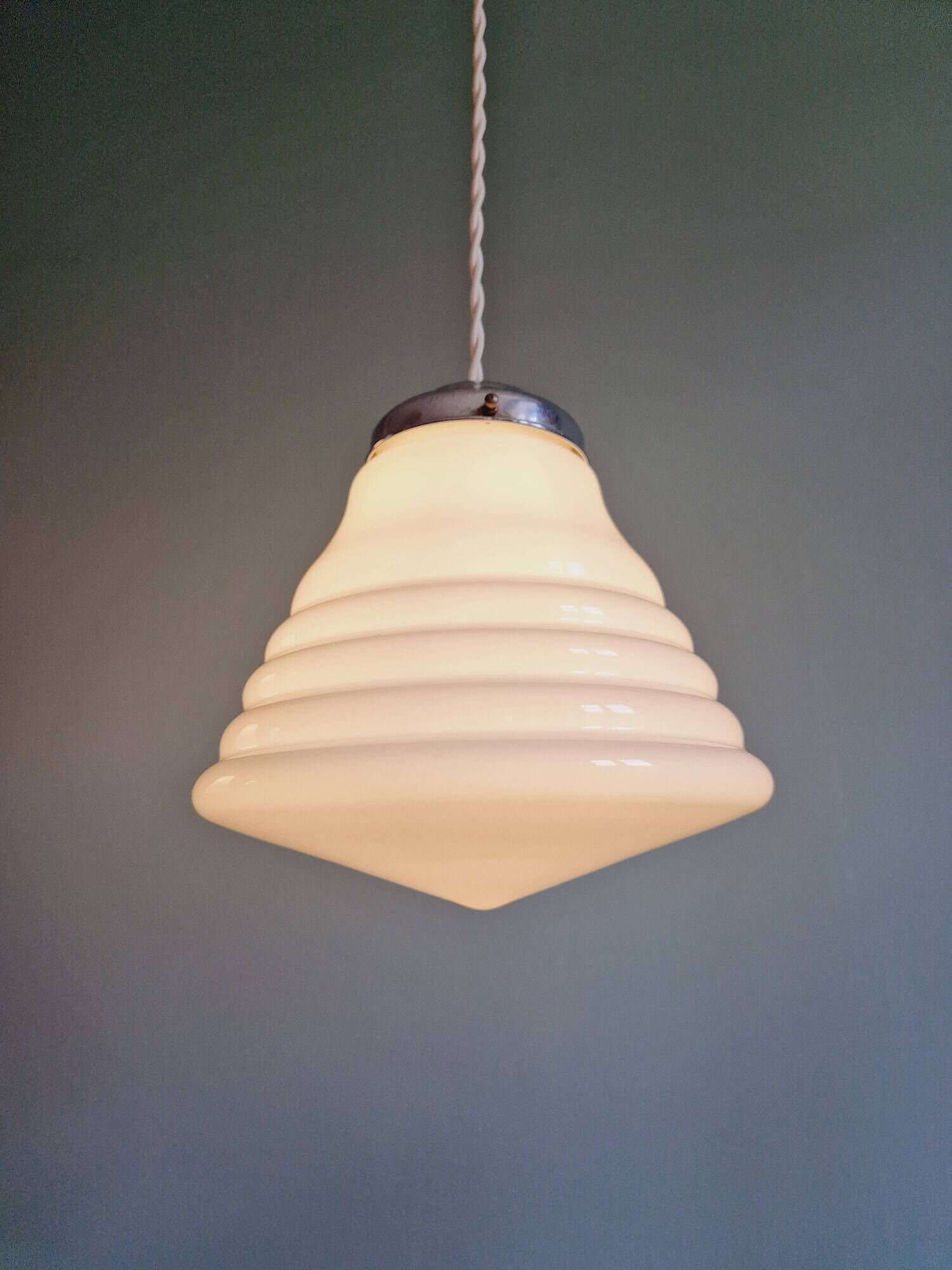 Art Deco conical pendant light in white opaline, 1920s-30s