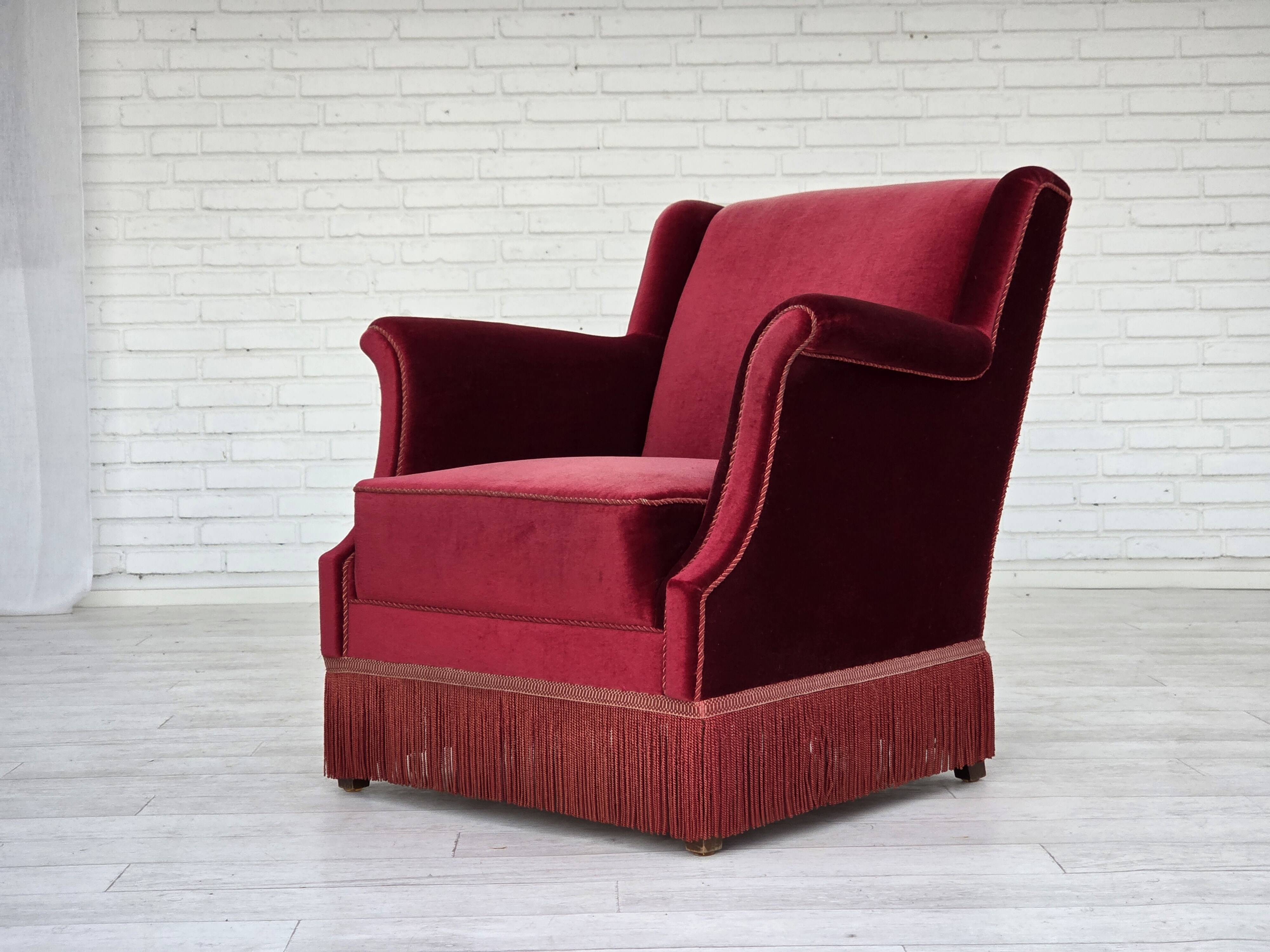 1960s, Danish armchair, cherry-red furniture velour, ash wood, original.