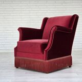1960s, Danish armchair, cherry-red furniture velour, ash wood, original.