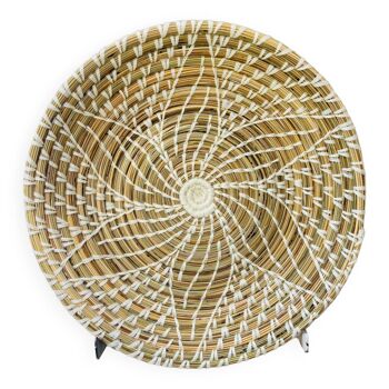 Plate in woven palm leaves flower white lace 40 cm