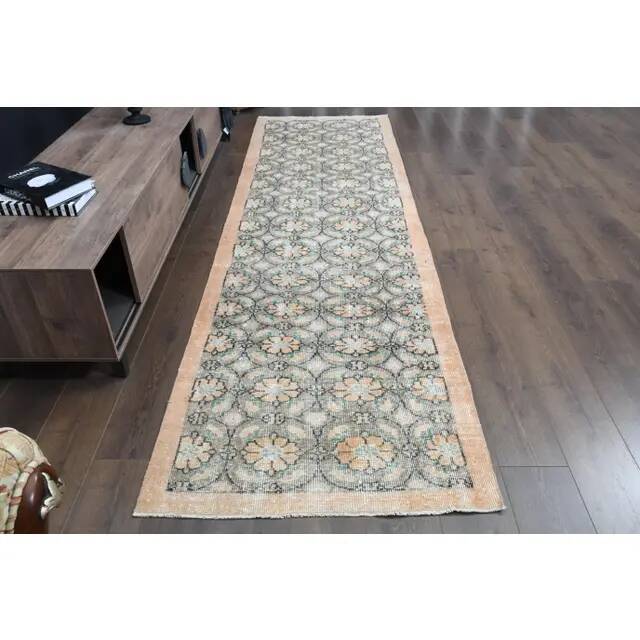 1970s Vintage Turkish Oushak Handmade Wool Cotton Gray Area Rug 95x329