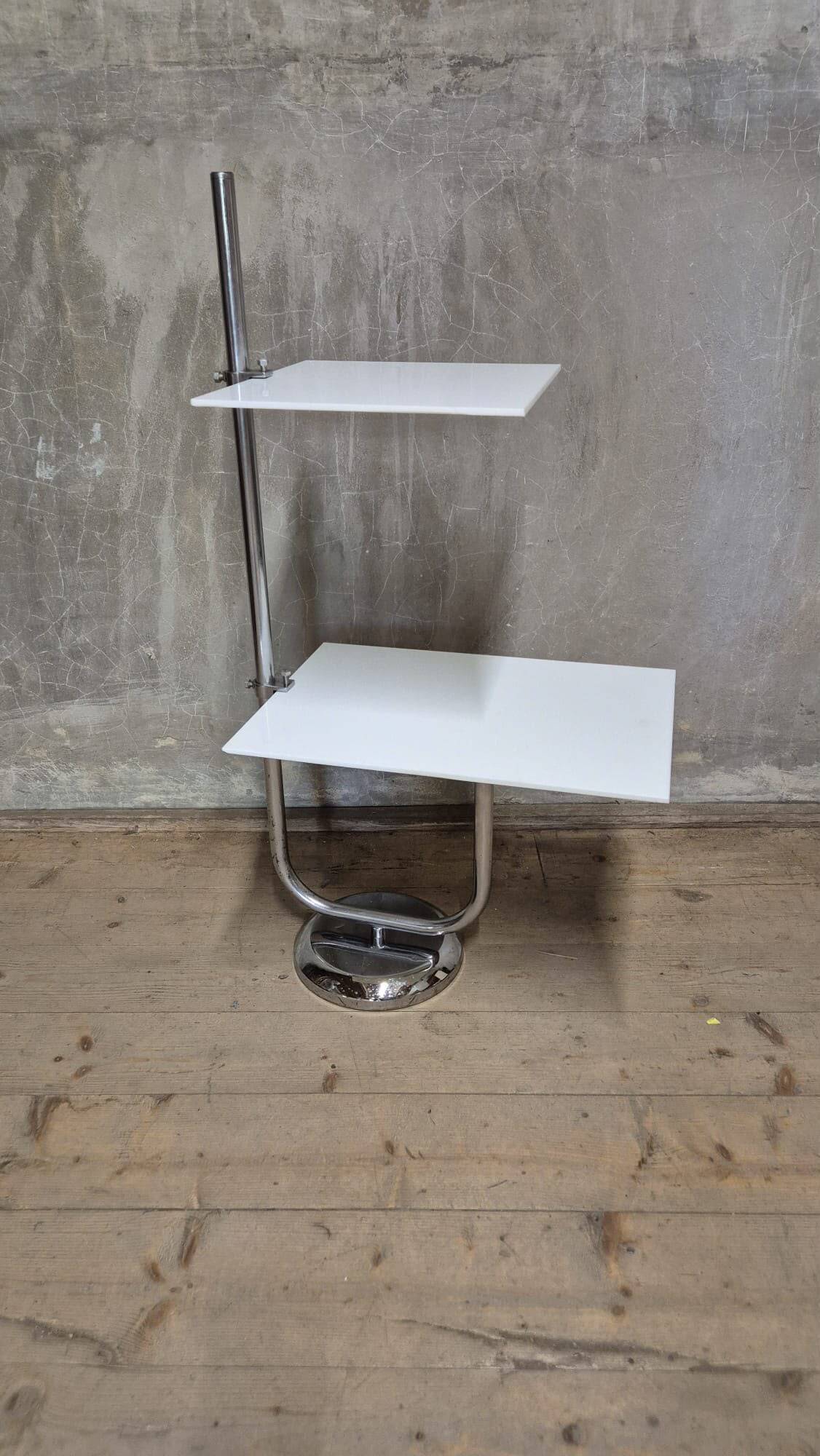 Vintage chrome flower stand with two white shelves, 1970s, Czechoslovakia, 35 × 54 × 100 cm