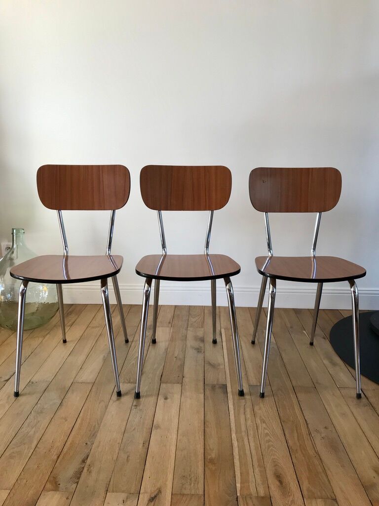 Trio of brown formica chairs 70s