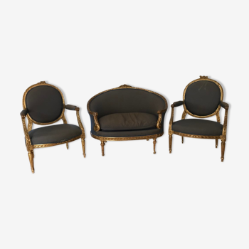 Pair of medallion armchairs and gilded louis XVI style sofa