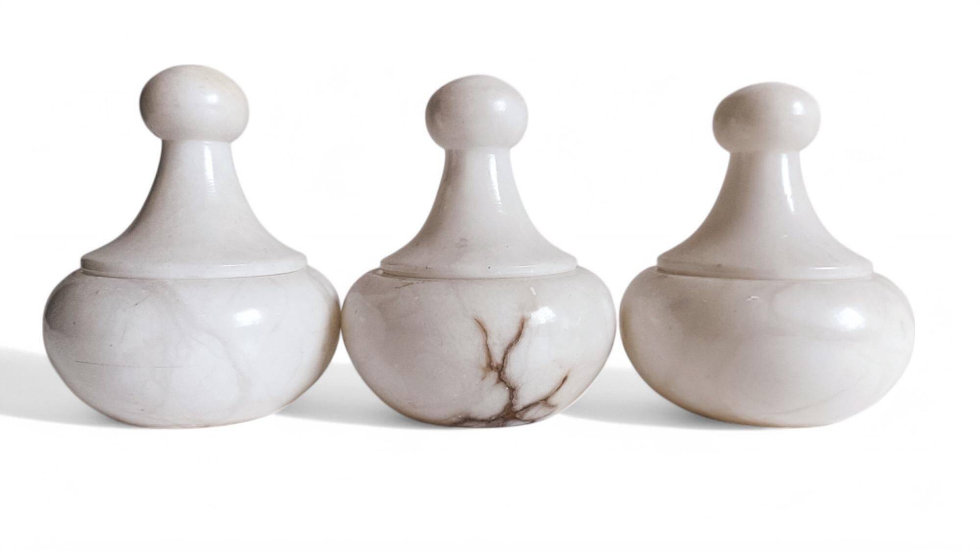 Art Deco Alabaster Set of Three Lidded Urns, Hand-Carved in Spain