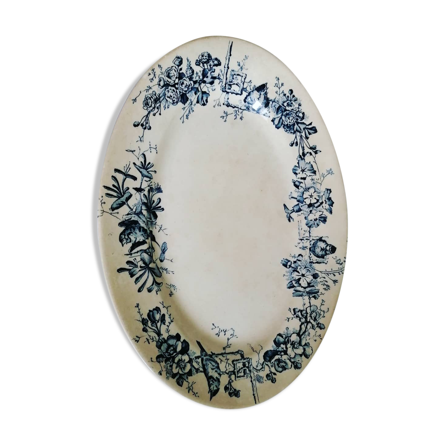 Ancient dish made of blue iron earth, birds, large depot Paris, 19th century