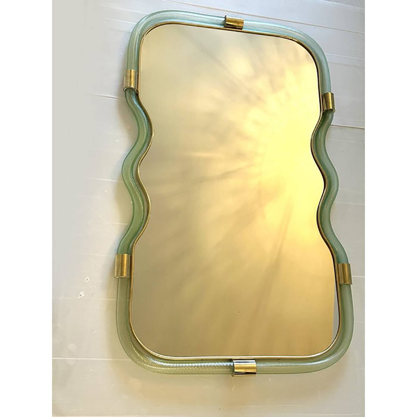 Contemporary Wave Mirror in Green and Gold "Torchon" Torciglione Murano Sty