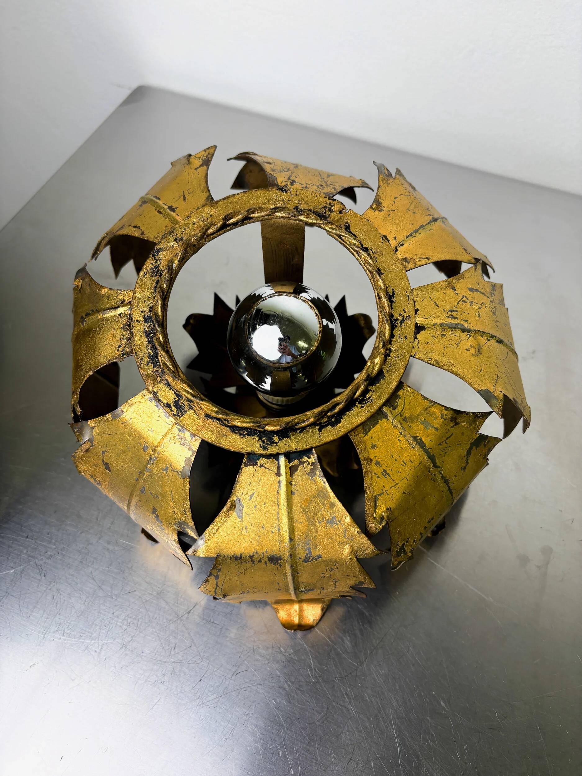 Spanish sunburst ceiling light fixture or sconce in gilt iron, 1970s
