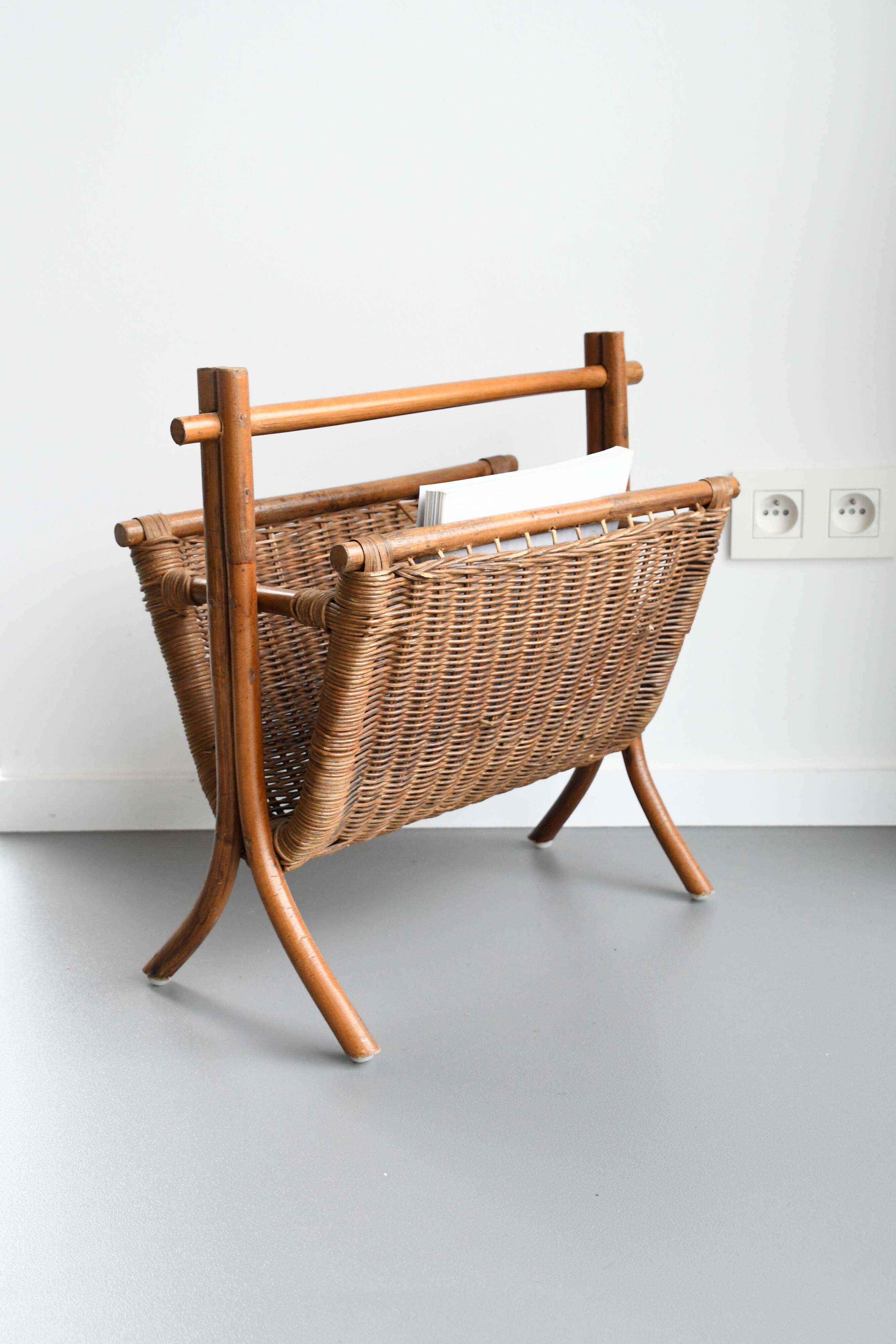 Vintage wicker and rattan magazine rack