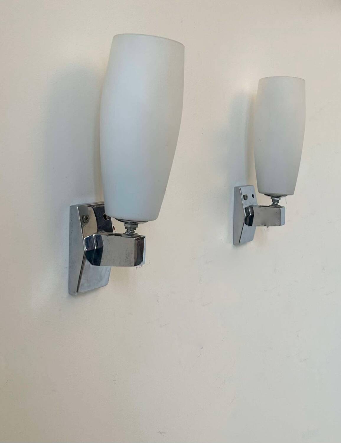 Pair of vintage adjustable wall lights, chrome and opaline, France 1970
