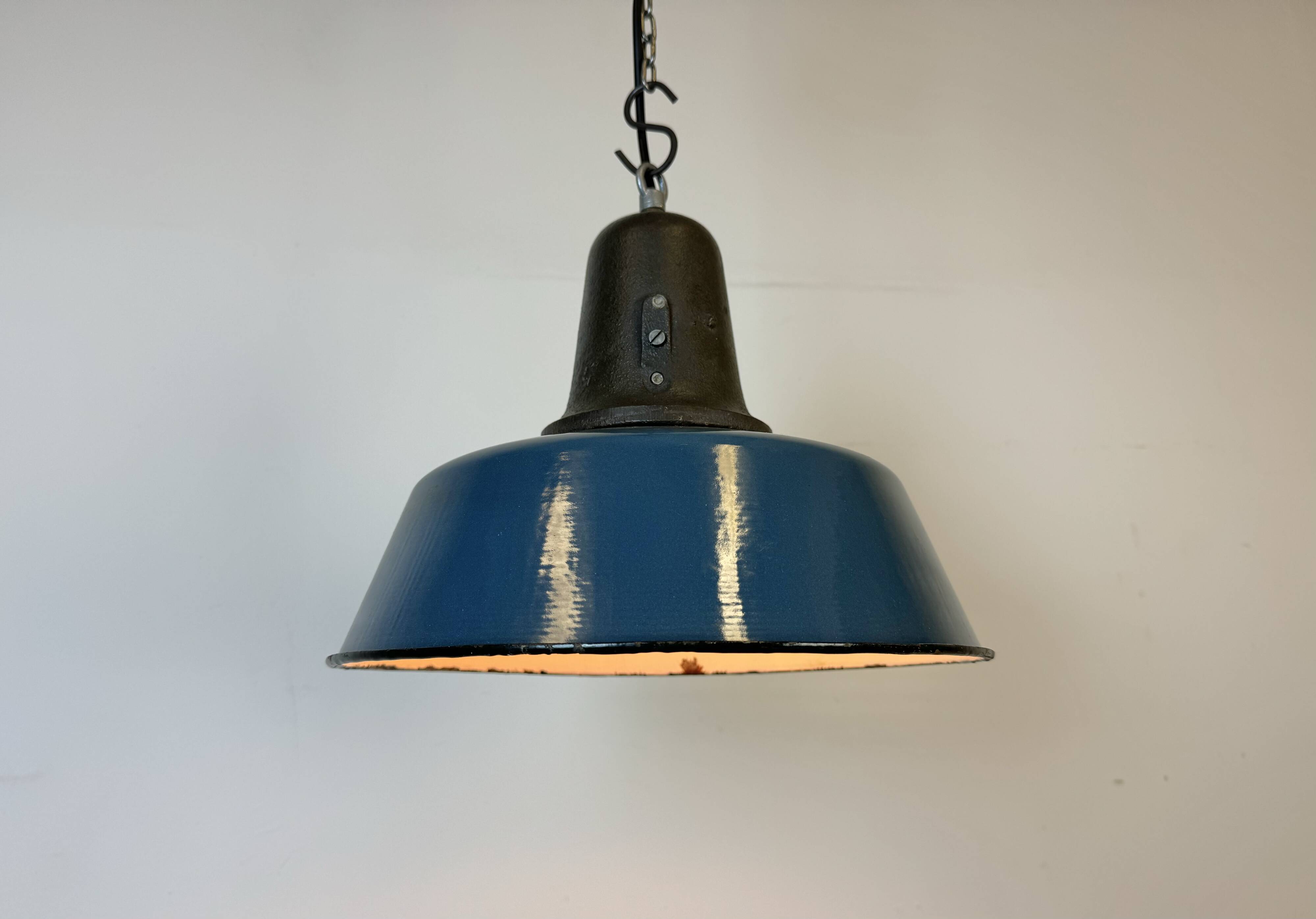 Industrial Blue Enamel Factory Lamp with Cast Iron Top, 1960s