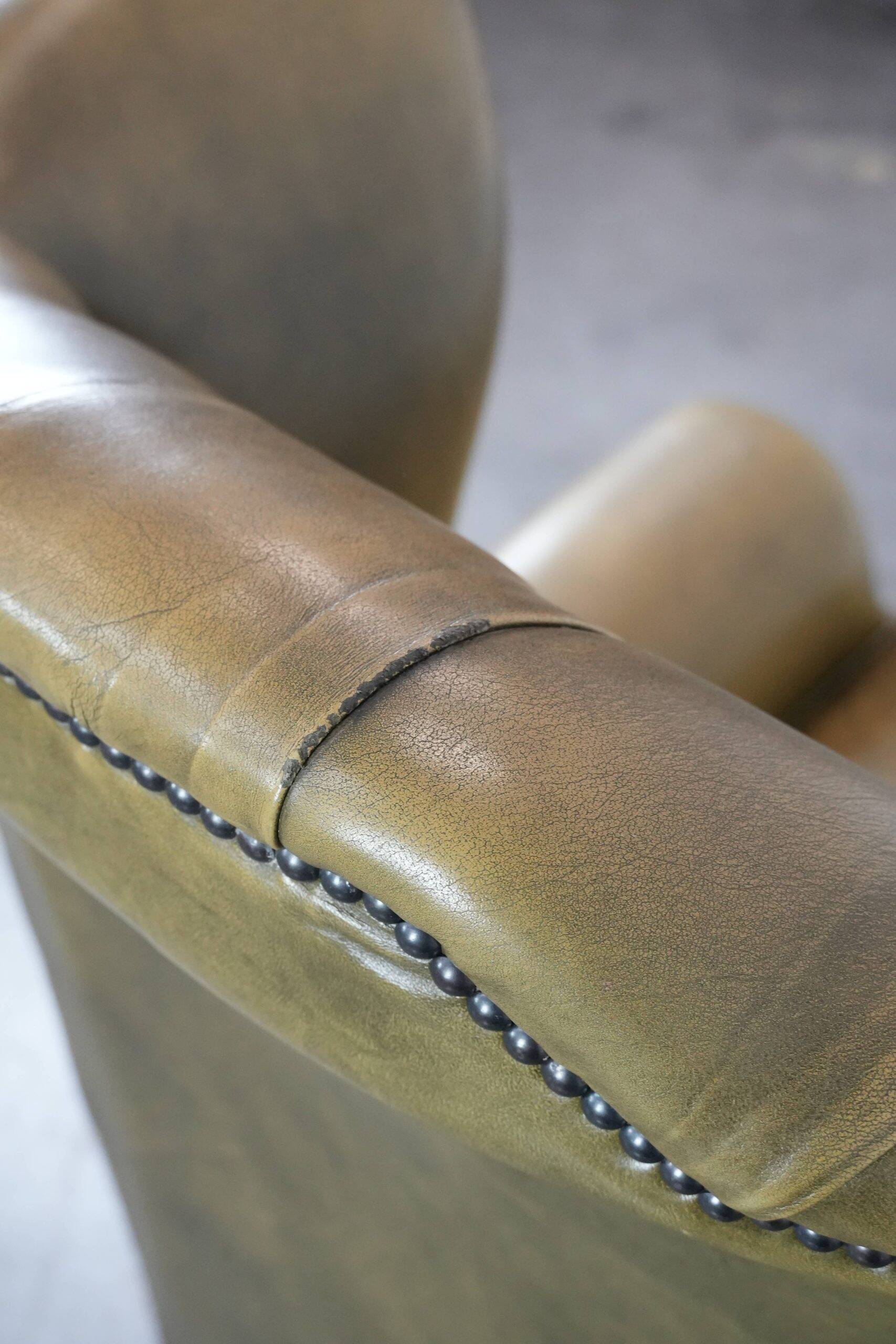 Moss green cow leather Chesterfield wingback armchair in English style