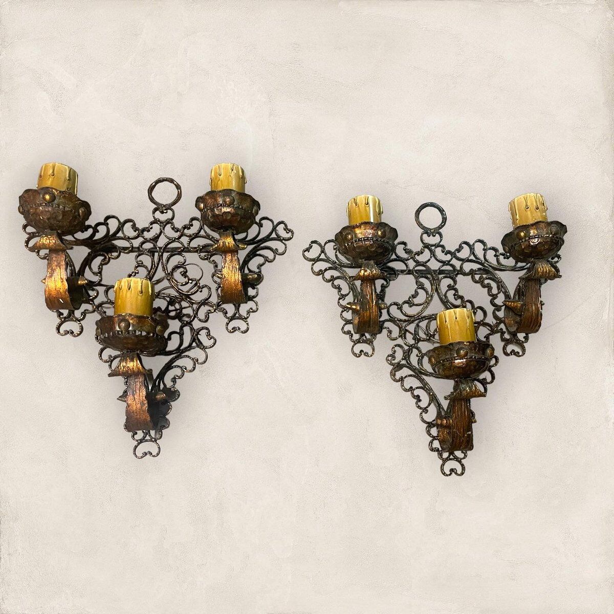 Pair of wrought iron sconces, 1980s