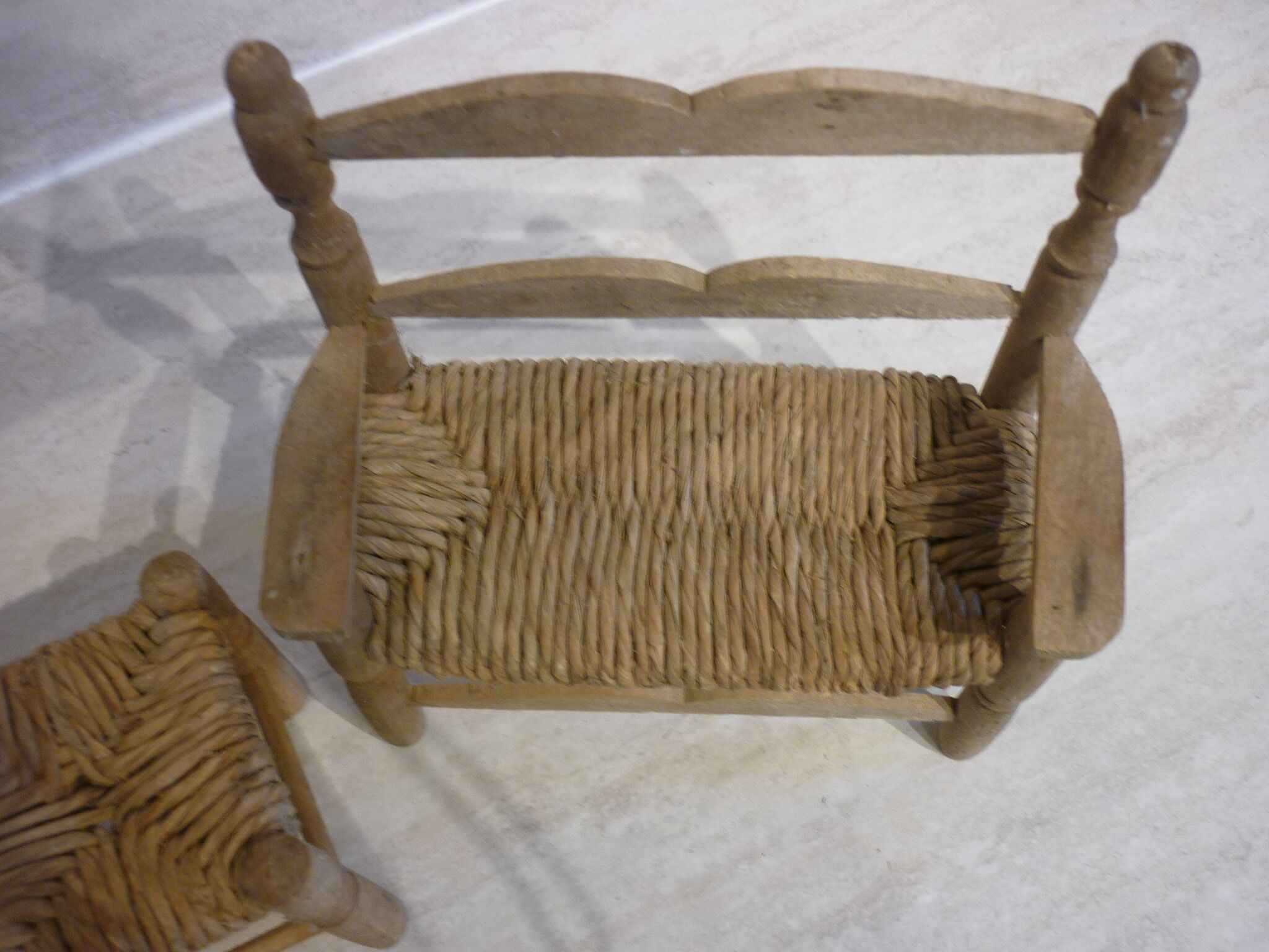 Wooden bench and stool and straw for doll
