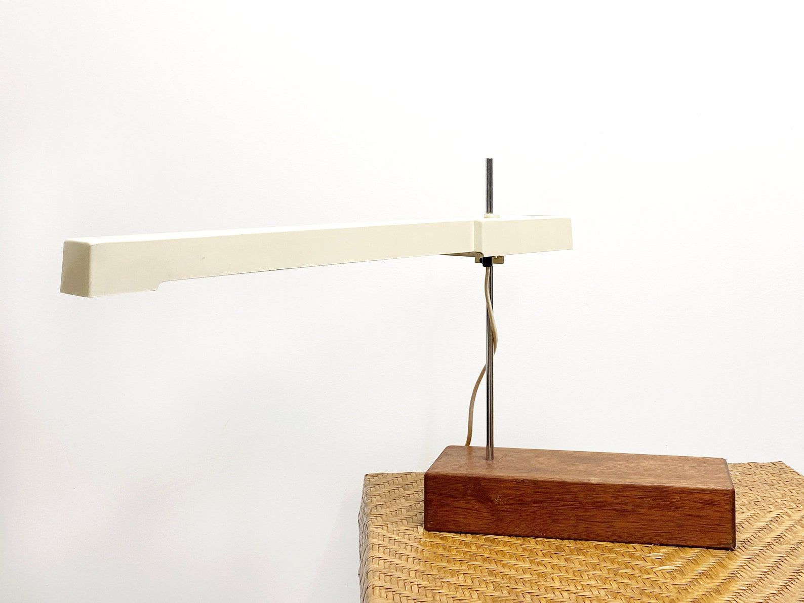 Unique XL Vintage Fluorescent Desk Lamp, Solid wooden base, Mid Century Table Lamp