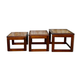 Pull-out tables in teak and ceramic, scandinavian, 60s