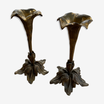 Set 2 old bronze candlesticks "flowers"