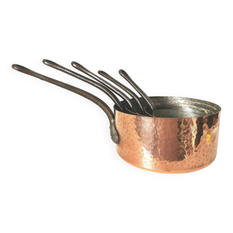 Saucepans, hammered copper, kitchen decoration, 70s