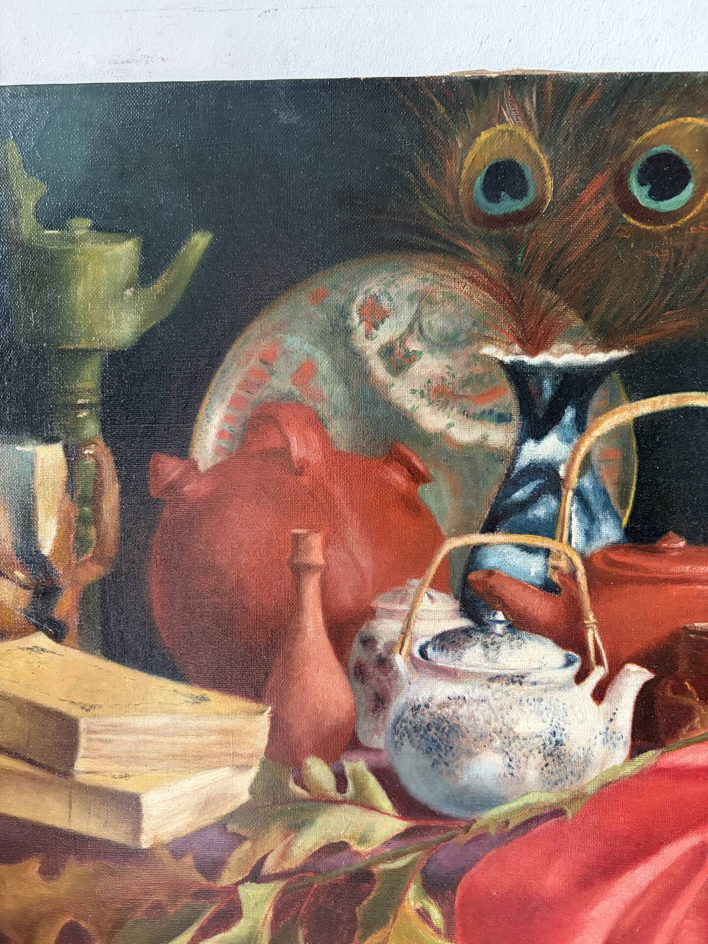 Still life with teapot and peacock feathers, oil on canvas signed
