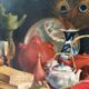 Still life with teapot and peacock feathers, oil on canvas signed