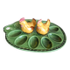 Earthenware egg dish with chicken-shaped salt and pepper shakers