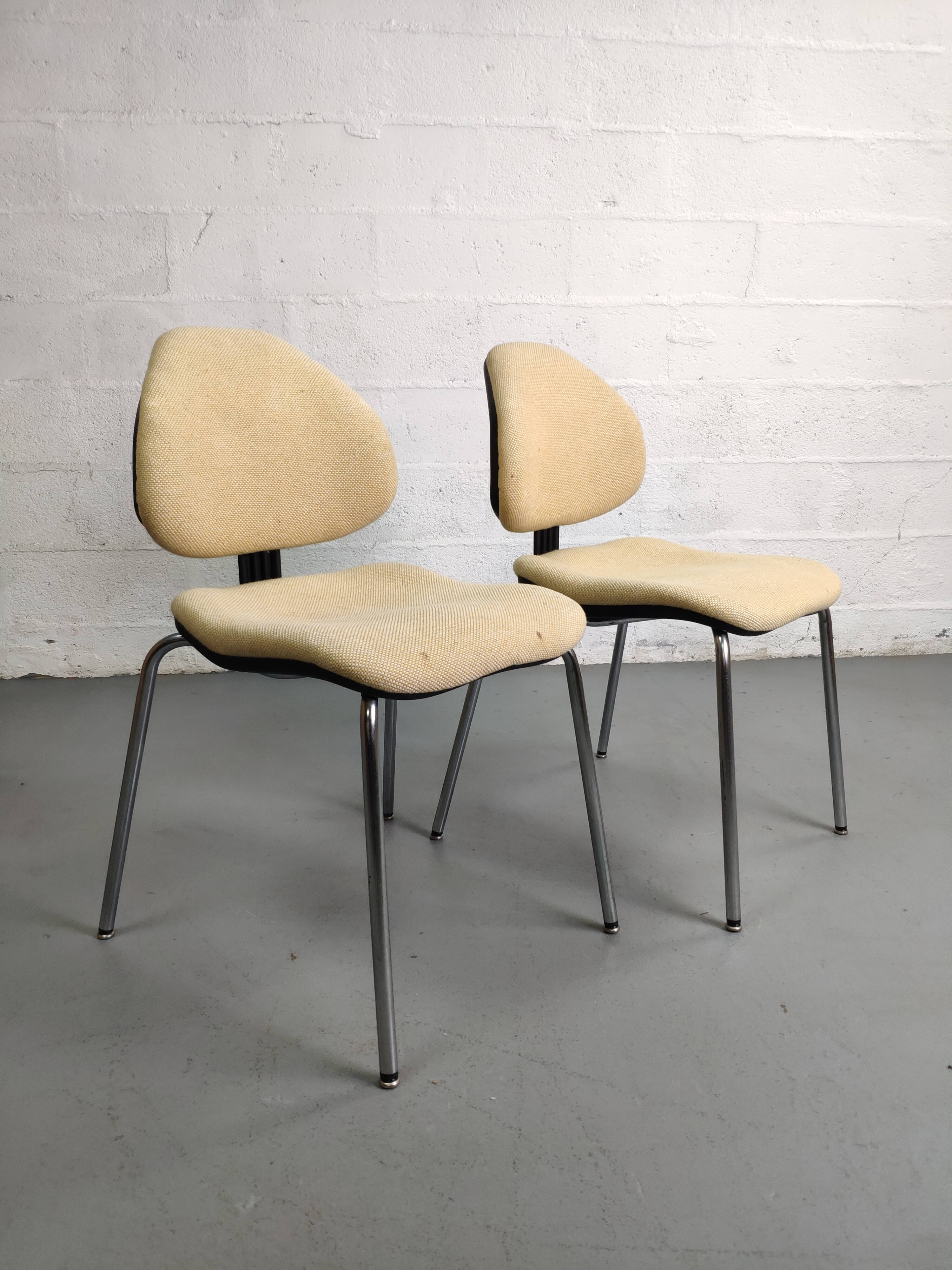 Pair of vintage chrome office chairs and beige fabric circa 70