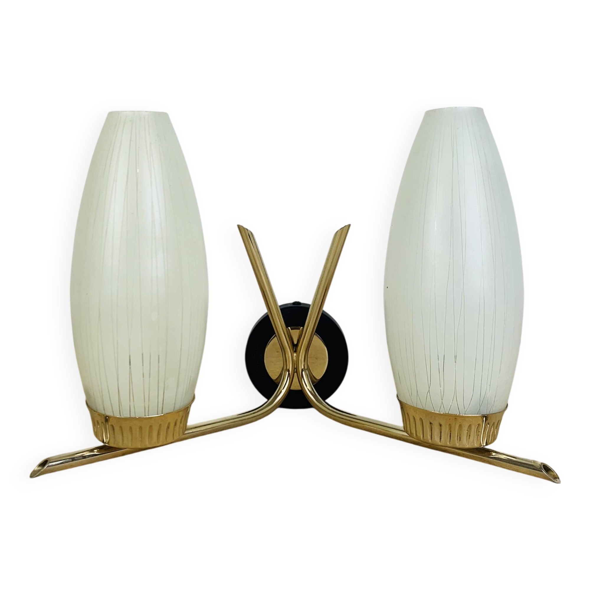 50s double-light wall light, brass and black metal, opaline tulips