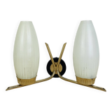 50s double-light wall light, brass and black metal, opaline tulips