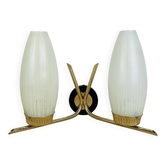 50s double-light wall light, brass and black metal, opaline tulips