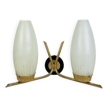 Double wall light from the 1950s, brass and black metal, opaline shades.