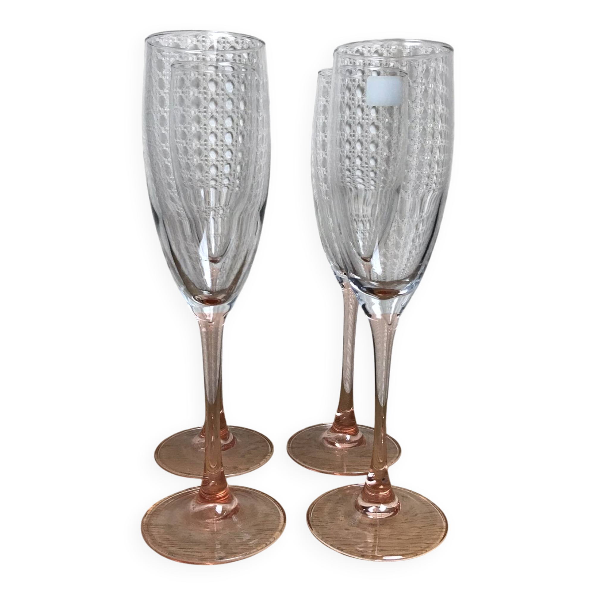 Set of 4 vintage Luminarc champagne flutes with pink stem