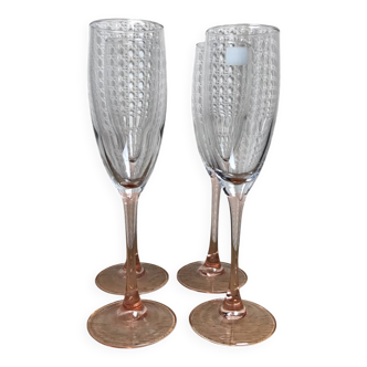 4 flûtes à champagne vintage Luminarc en verre rose et transparent